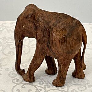 Hand-Carved Wooden Elephant Figurine 4" Tall Intricate Design Natural Finish Hom